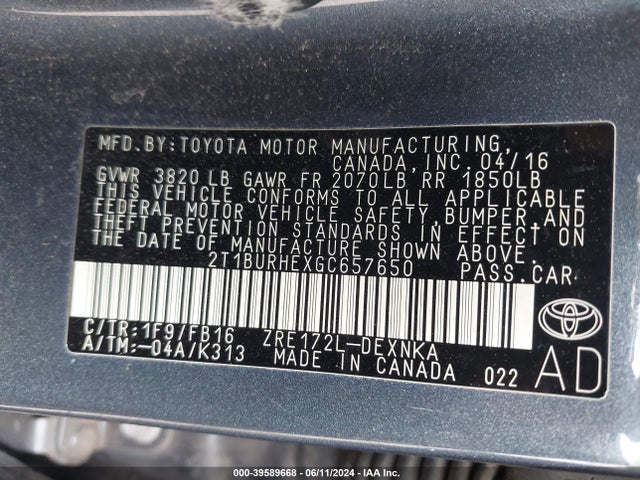 Toyota COROLLA LE 2016 2T1BURHEXGC657650 Image 9