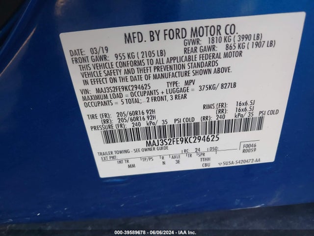 MAJ3S2FE9KC294625 Ford ECOSPORT S
