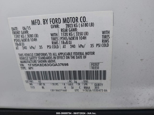 Ford EXPLORER XLT 2016 1FM5K8D83GGA37698 Image 9