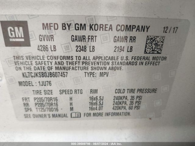 KL7CJKSB0JB607457 Chevrolet TRAX LS