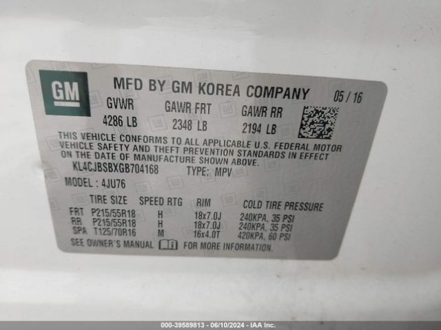 KL4CJBSBXGB704168 Buick Encore Convenience