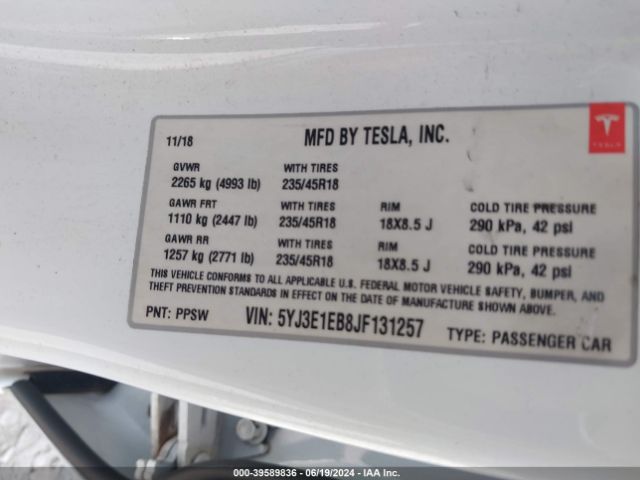 5YJ3E1EB8JF131257 Tesla Model 3 Long Range/performance