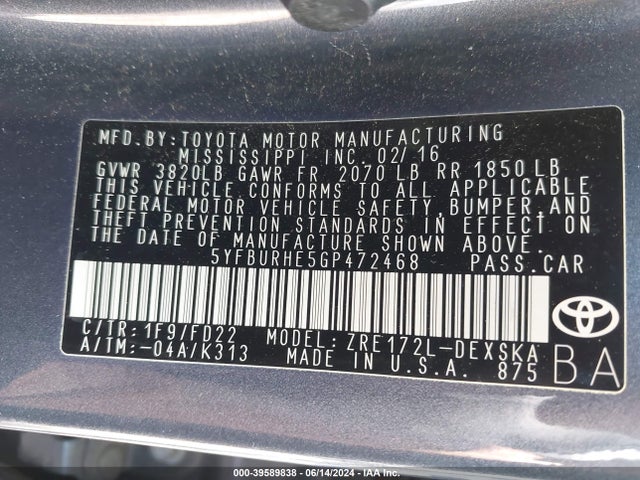 Toyota Corolla S Plus 2016 5YFBURHE5GP472468 Image 9