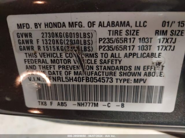 5FNRL5H40FB054573 Honda ODYSSEY EX