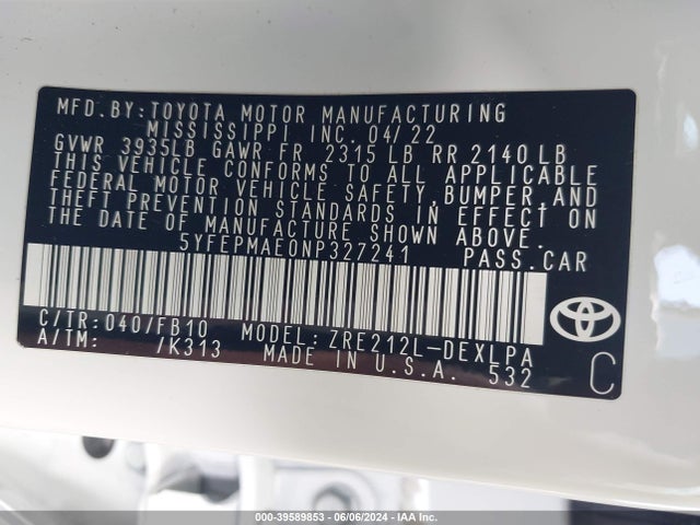Toyota COROLLA LE 2022 5YFEPMAE0NP327241 Image 9
