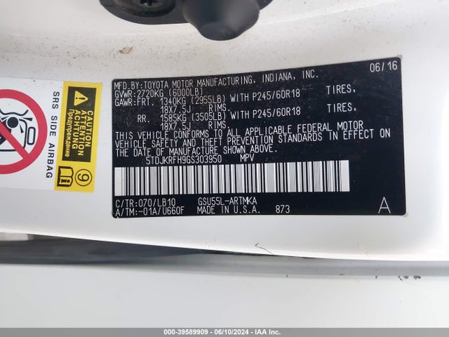 Toyota Highlander Xle V6 2016 5TDJKRFH9GS303950 Image 9