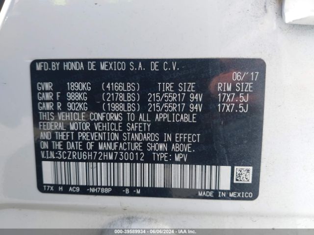 3CZRU6H72HM730012 Honda Hr-v Ex-l