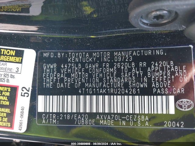 Toyota CAMRY SE 2024 4T1G11AK1RU204261 Image 9
