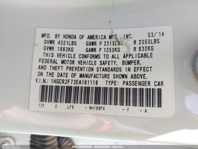 Honda ACCORD EX 2014 1HGCR2F73EA181116 Image 9