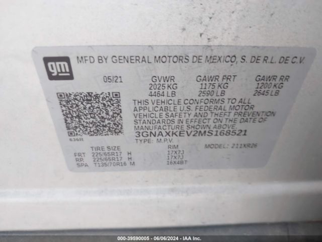 3GNAXKEV2MS168521 Chevrolet Equinox Fwd Lt