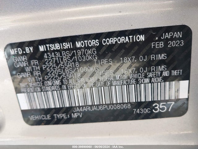 JA4ARUAU6PU008068 Mitsubishi Outlander Sport 2.0 Es Awc/2.0 Le Awc/2.0 Ralliart Awc/2.0 S Awc/2.0 Se Awc