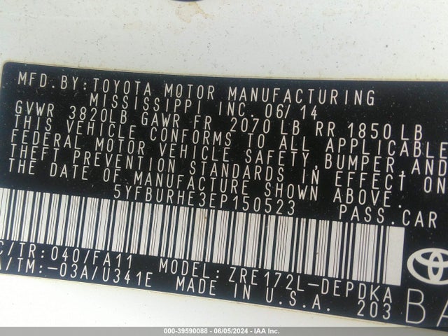 Toyota COROLLA L 2014 5YFBURHE3EP150523 Image 9