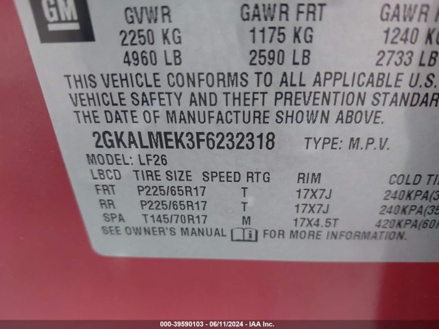 GMC Terrain Sle-1 2015 2GKALMEK3F6232318 Image 9
