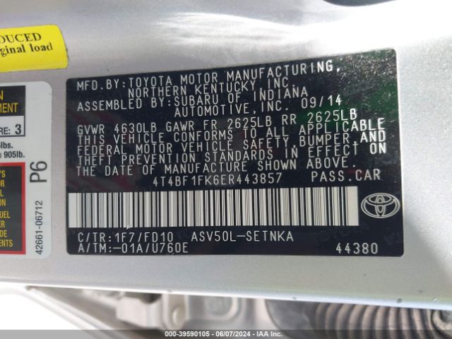 4T4BF1FK6ER443857 Toyota CAMRY LE