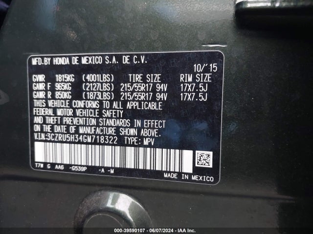 Honda HR-V LX 2016 3CZRU5H34GM718322 Image 9