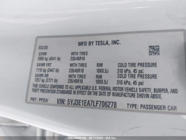 5YJ3E1EA7LF706278 Tesla Model 3 Standard Range Plus Rear-wheel Drive/standard Range Rear-wheel Drive