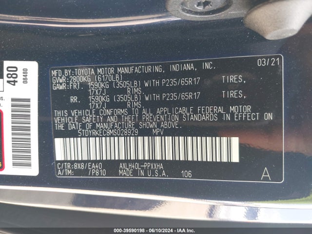 Toyota SIENNA XLE 2021 5TDYRKEC8MS028929 Image 9