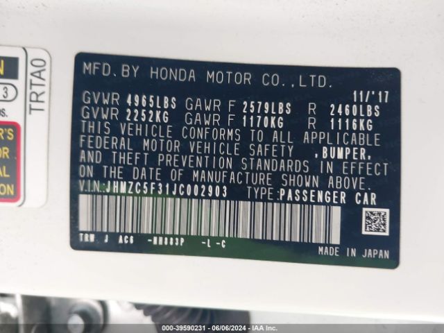 JHMZC5F31JC002903 Honda Clarity Plug-in Hybrid Touring