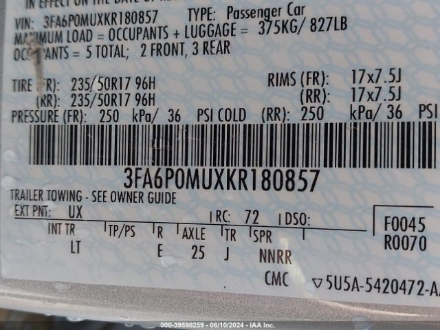 3FA6P0MUXKR180857 Ford Fusion Hybrid Sel