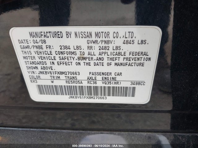 39590393 :رقم المزاد ، JNKBV61FX8M270663 vin ، 2008 Infiniti G35x مزاد بيع
