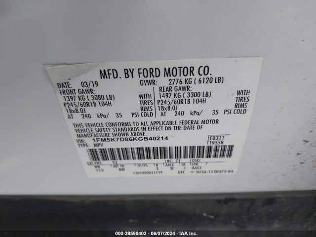 Ford EXPLORER XLT 2019 1FM5K7D86KGB40214 Image 9