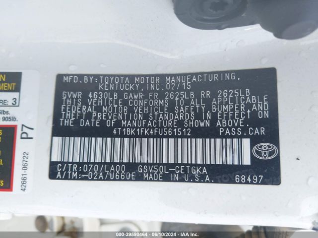 4T1BK1FK4FU561512 Toyota Camry Xle V6