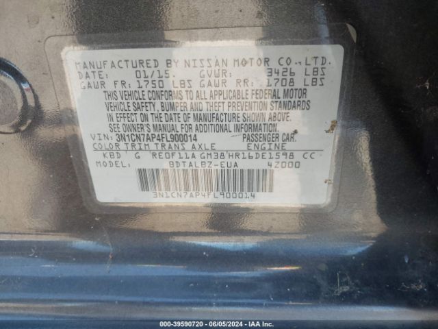 3N1CN7AP4FL900014 Nissan Versa 1.6 S/1.6 S+/1.6 Sl/1.6 Sv