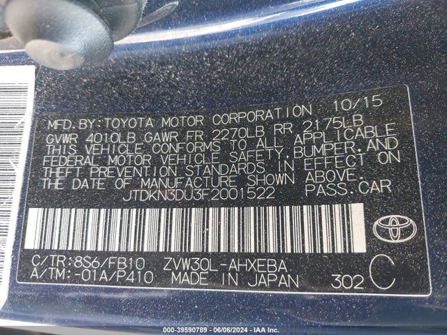 Toyota Prius Two 2015 JTDKN3DU3F2001522 Image 9