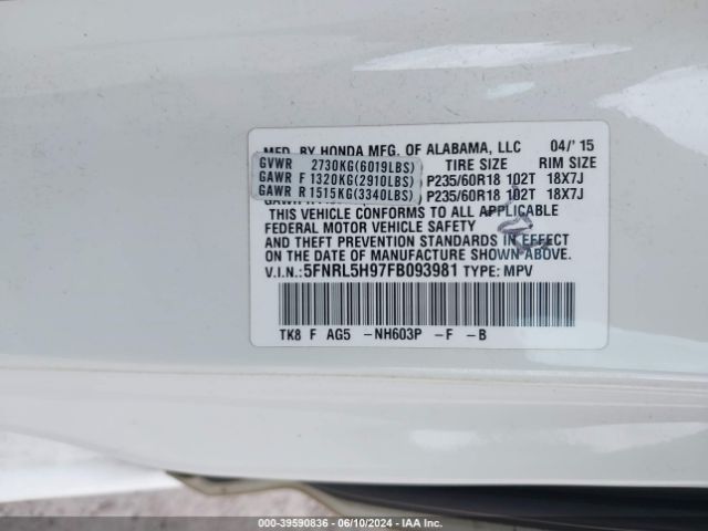 5FNRL5H97FB093981 Honda Odyssey Touring/touring Elite
