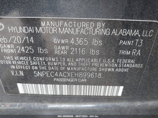 Hyundai Sonata Limited 2014 5NPEC4ACXEH899618 Image 9