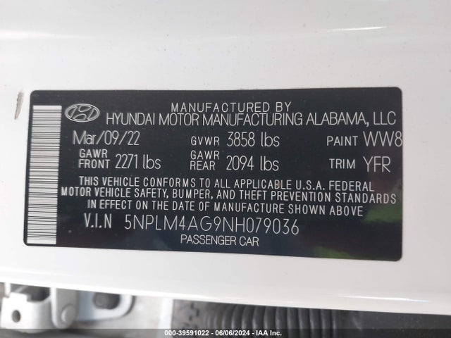 5NPLM4AG9NH079036 Hyundai ELANTRA SEL