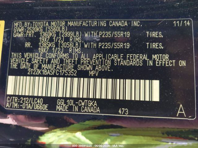 2T2ZK1BA5FC175352 Lexus RX 350
