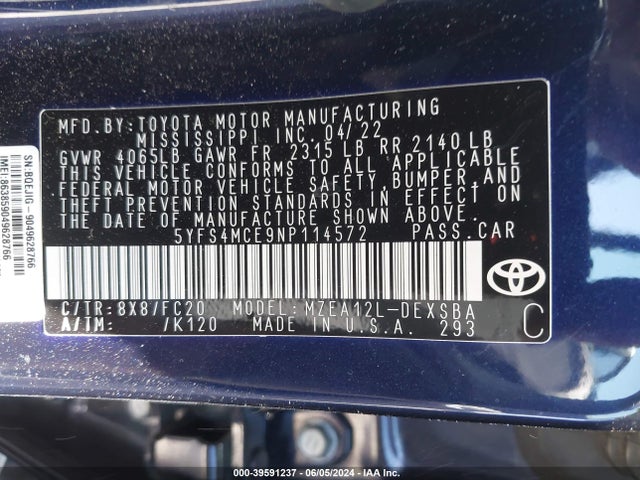 5YFS4MCE9NP114572 Toyota COROLLA SE