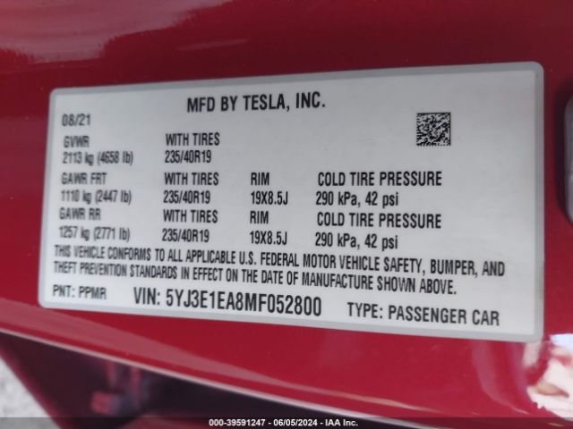 5YJ3E1EA8MF052800 Tesla Model 3 Standard Range Plus Rear-wheel Drive