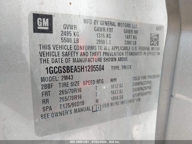 Chevrolet Colorado Wt 2017 1GCGSBEA5H1205504 Image 9
