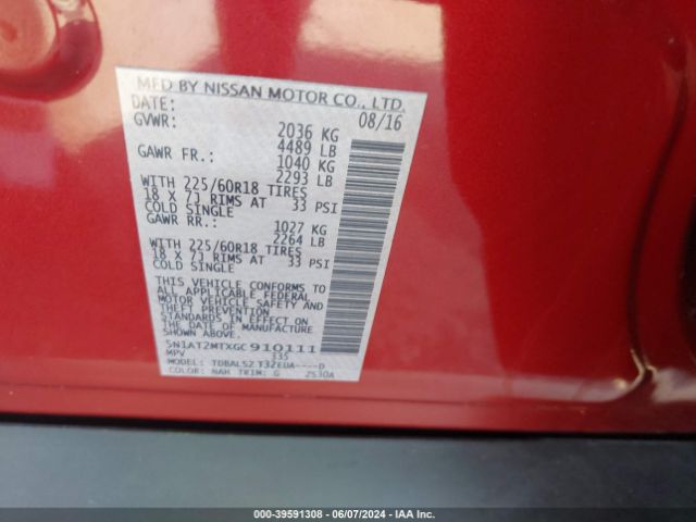 5N1AT2MTXGC910111 Nissan Rogue Sl