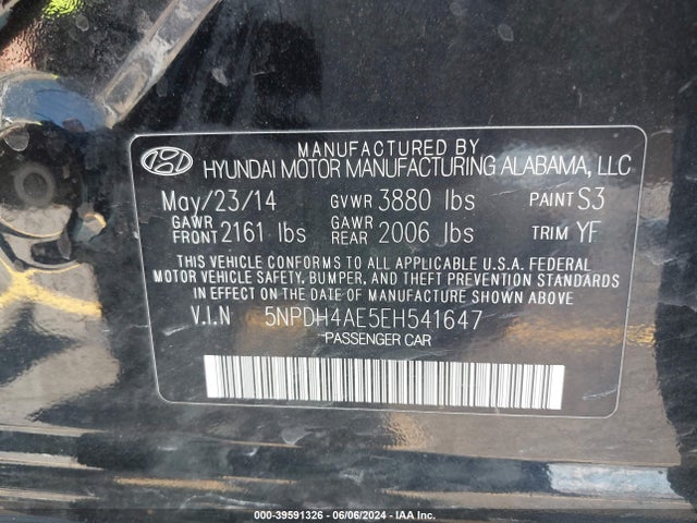 Продаж на аукціоні авто 2014 Hyundai Elantra Se, vin: 5NPDH4AE5EH541647, номер лоту: 39591326
