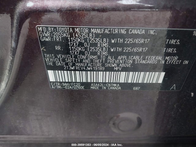 Продаж на аукціоні авто 2018 Toyota Rav4 Xle, vin: 2T3WFREV4JW419189, номер лоту: 39591353