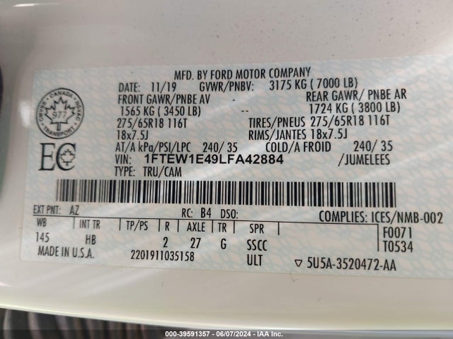 Ford F-150 Lariat 2020 1FTEW1E49LFA42884 Image 9