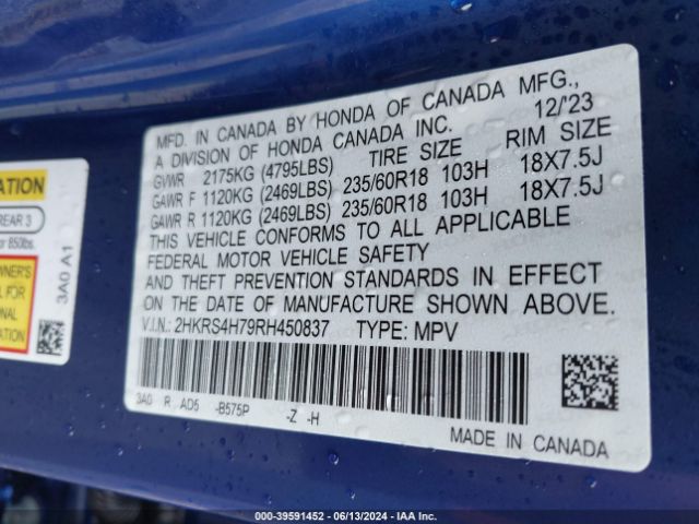 2HKRS4H79RH450837 Honda Cr-v Ex-l Awd