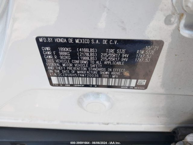 3CZRU6H57NM720036 Honda Hr-v Awd Ex