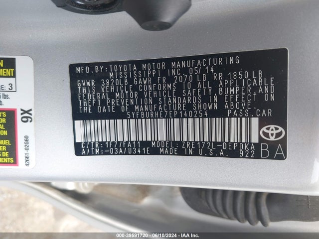 Toyota COROLLA L 2014 5YFBURHE7EP140254 Image 9