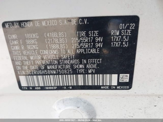 3CZRU6H58NM750825 Honda Hr-v Awd Ex