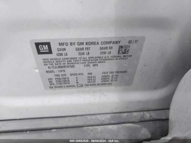 KL7CJLSB8HB167665 Chevrolet Trax Lt