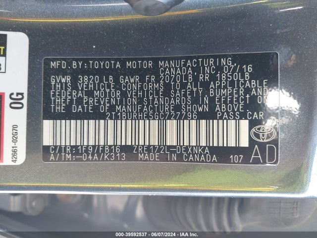 Toyota COROLLA LE 2016 2T1BURHE5GC727796 Image 9