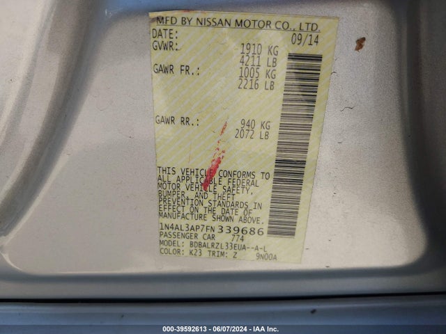 Nissan Altima 2.5 Sl 2015 1N4AL3AP7FN339686 Image 9