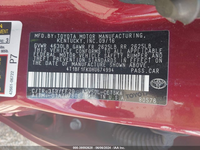 Toyota CAMRY SE 2017 4T1BF1FK0HU674994 Image 9