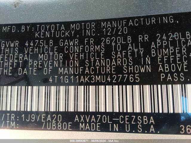 Toyota CAMRY SE 2021 4T1G11AK3MU427765 Image 9