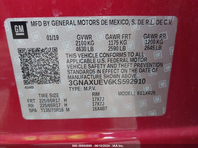 Chevrolet EQUINOX LT 2019 3GNAXUEV6KS592910 Image 9