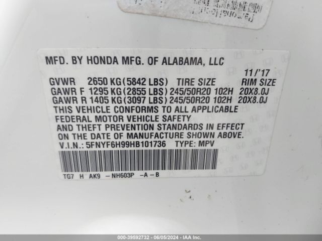 5FNYF6H99HB101736 Honda Pilot Touring